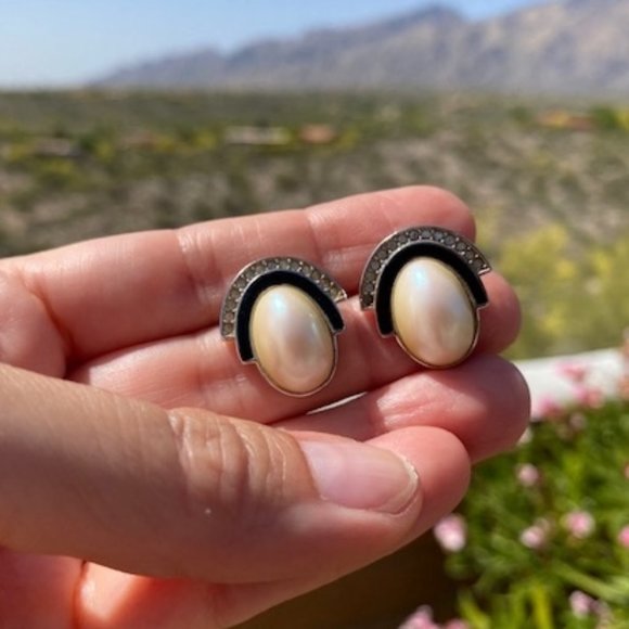 VTG GIVENCHY Paris New York Silver Pearl Rhinestone EARRINGS - Picture 4 of 8